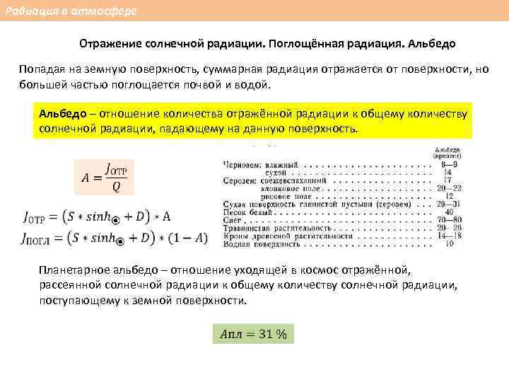 Поглощенная радиация. Интенсивность прямой солнечной радиации формула. Отраженная Солнечная радиация формула. Альбедо формула. Отраженная Солнечная радиация. Альбедо.