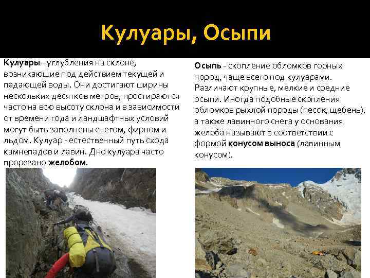 Кулуары, Осыпи Кулуары - углубления на склоне, возникающие под действием текущей и падающей воды.