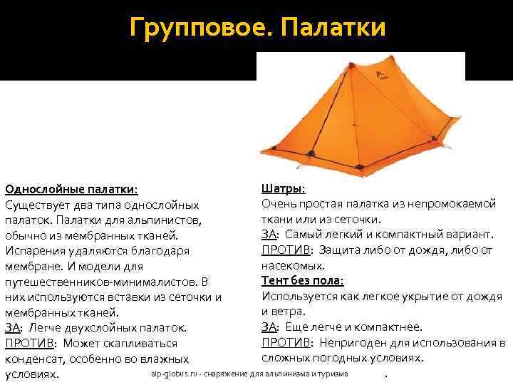Групповое. Палатки Шатры: Однослойные палатки: Очень простая палатка из непромокаемой Существует два типа однослойных