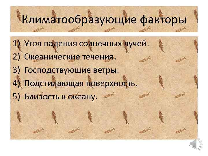 Климатообразующие факторы 1) 2) 3) 4) 5) Угол падения солнечных лучей. Океанические течения. Господствующие