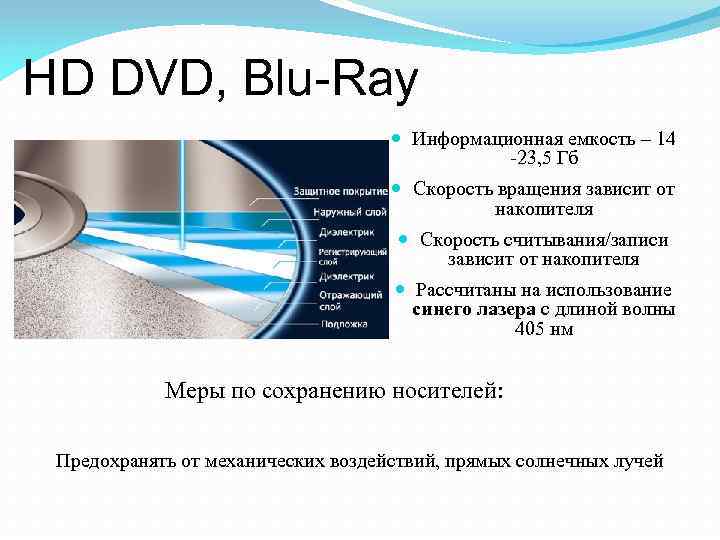 HD DVD, Blu-Ray Информационная емкость – 14 -23, 5 Гб Скорость вращения зависит от