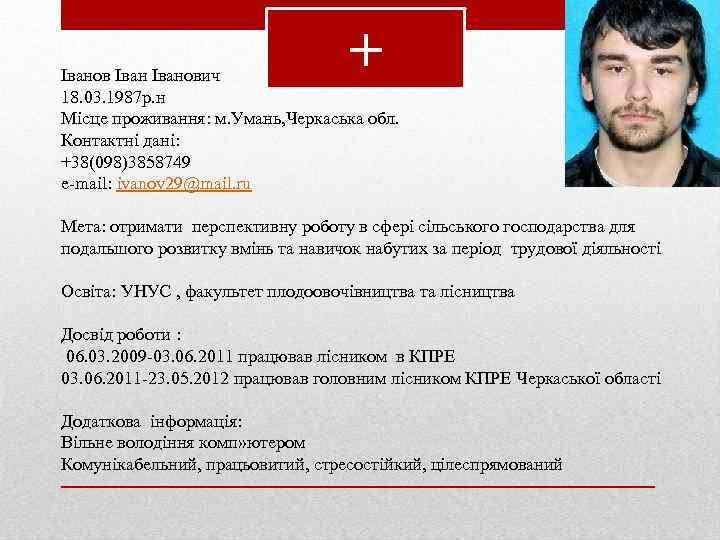 + Іванович 18. 03. 1987 р. н Місце проживання: м. Умань, Черкаська обл. Контактні