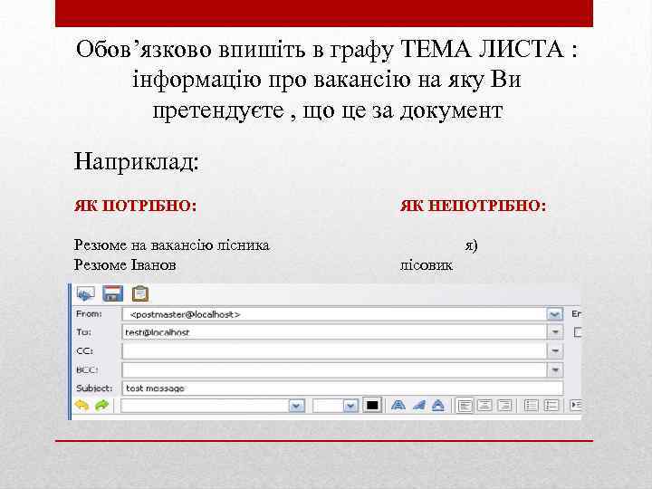 Обов’язково впишіть в графу ТЕМА ЛИСТА : інформацію про вакансію на яку Ви претендуєте