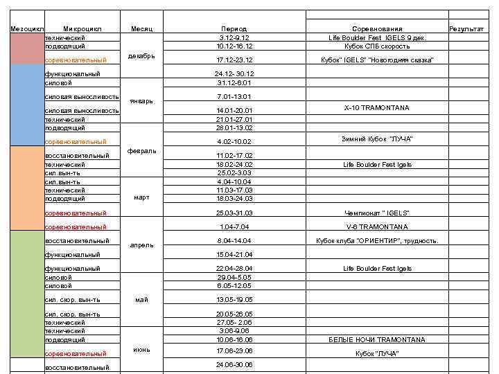  Мезоцикл Микроцикл технический подводящий соревновательный Месяц Период 3. 12 -9. 12 10. 12