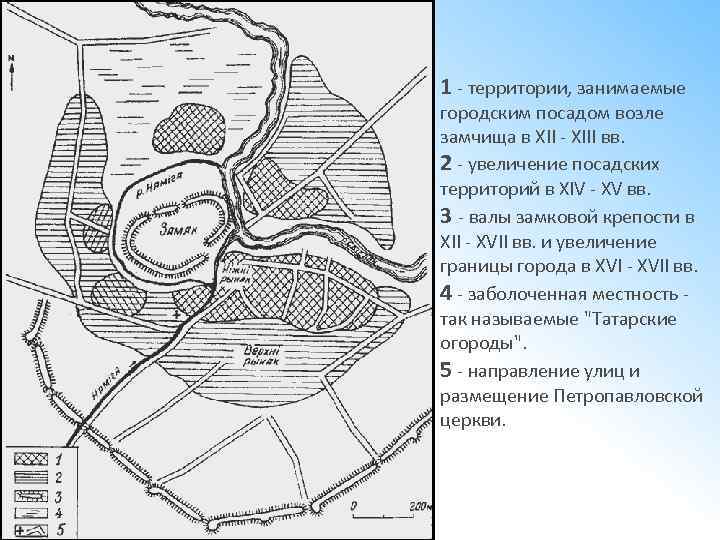 1 - территории, занимаемые городским посадом возле замчища в XII - XIII вв. 2