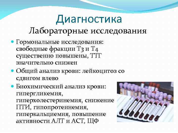 Диагностика Лабораторные исследования Гормональные исследования: свободные фракции Т 3 и Т 4 существенно повышены,