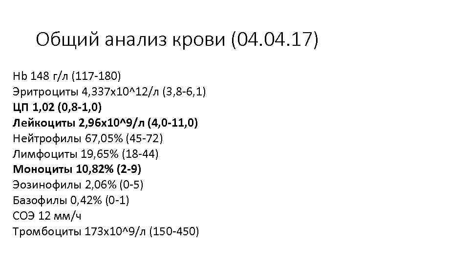 Общий анализ крови (04. 17) Hb 148 г/л (117 -180) Эритроциты 4, 337 x