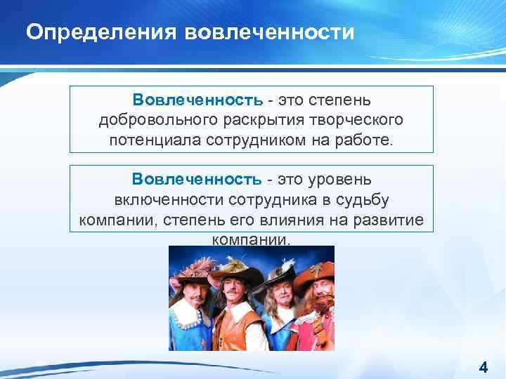 Определения вовлеченности Вовлеченность - это степень добровольного раскрытия творческого потенциала сотрудником на работе. Вовлеченность