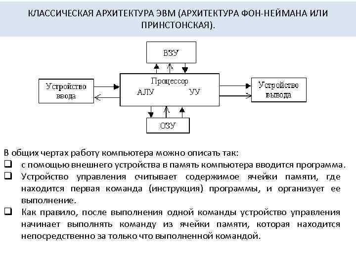 КЛАССИЧЕСКАЯ АРХИТЕКТУРА ЭВМ (АРХИТЕКТУРА ФОН-НЕЙМАНА ИЛИ ПРИНСТОНСКАЯ). В общих чертах работу компьютера можно описать