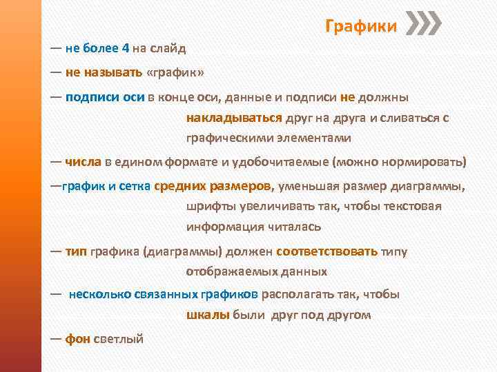 Графики — не более 4 на слайд — не называть «график» — подписи оси