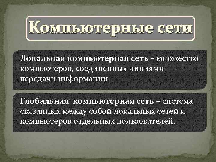Компьютерные сети Локальная компьютерная сеть – множество компьютеров, соединенных линиями передачи информации. Глобальная компьютерная