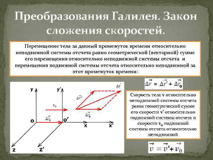 Теле промежуток. Относительность движения сложение скоростей и перемещений. Относительность движения закон сложения скоростей. Сложение скоростей относительно движения. Закон сложения движений Галилея.