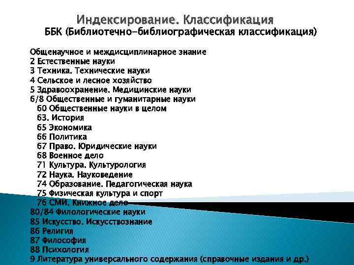 Индексирование. Классификация ББК (Библиотечно-библиографическая классификация) Общенаучное и междисциплинарное знание 2 Естественные науки 3 Техника.