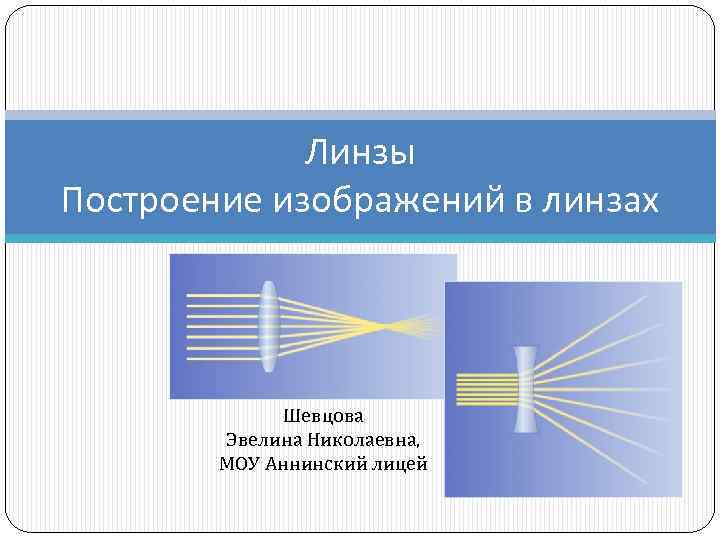 Линзы Построение изображений в линзах Шевцова Эвелина Николаевна, МОУ Аннинский лицей 