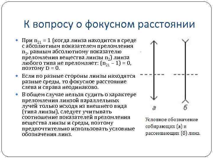К вопросу о фокусном расстоянии При n 21 = 1 (когда линза находится в