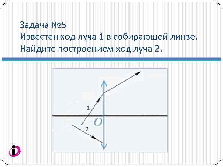Задача № 5 Известен ход луча 1 в собирающей линзе. Найдите построением ход луча