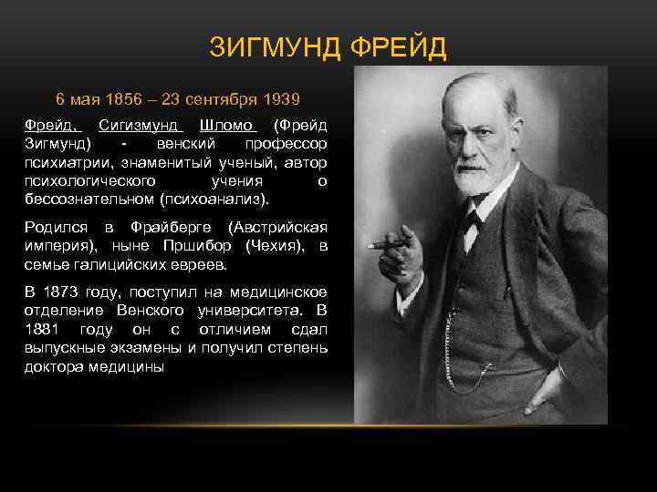 ЗИГМУНД ФРЕЙД 6 мая 1856 – 23 сентября 1939 Фрейд, Сигизмунд Шломо (Фрейд Зигмунд)