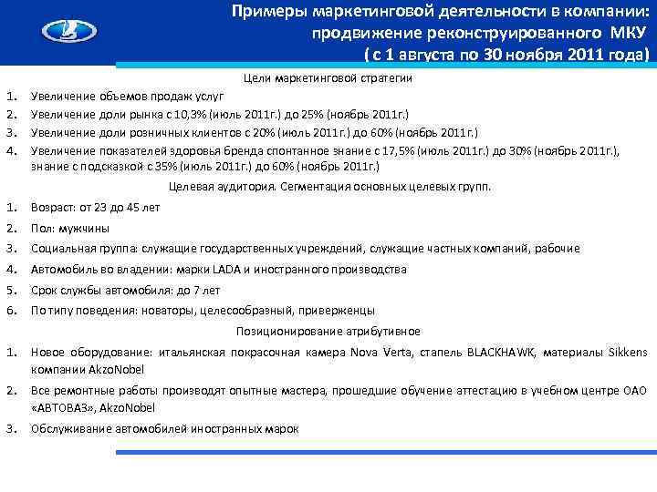 Примеры маркетинговой деятельности в компании: продвижение реконструированного МКУ ( с 1 августа по 30