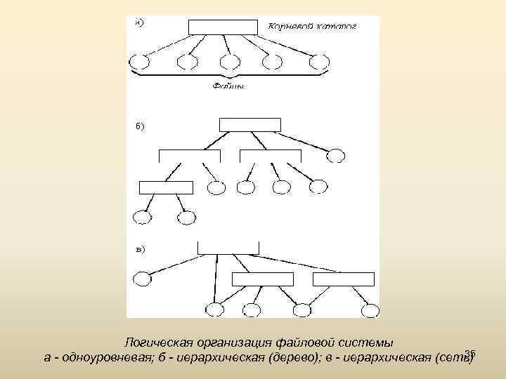 Логическая организация файловой системы 35 а - одноуровневая; б - иерархическая (дерево); в -
