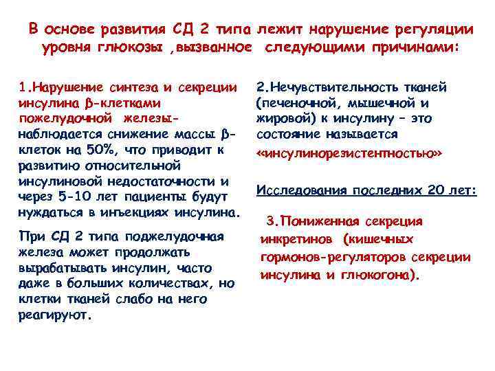 В основе развития СД 2 типа лежит нарушение регуляции уровня глюкозы , вызванное следующими