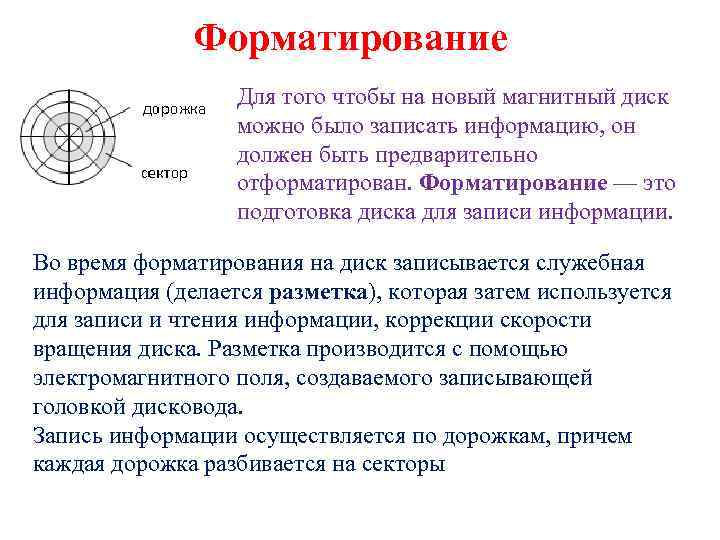 Форматирование Для того чтобы на новый магнитный диск можно было записать информацию, он должен