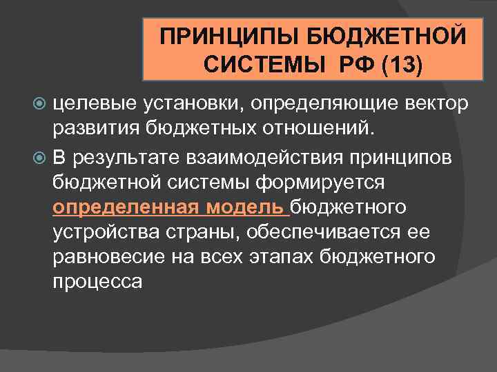 ПРИНЦИПЫ БЮДЖЕТНОЙ СИСТЕМЫ РФ (13) целевые установки, определяющие вектор развития бюджетных отношений. В результате