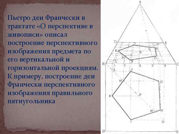 Пьетро деи Франчески в трактате «О перспективе в живописи» описал построение перспективного изображения предмета