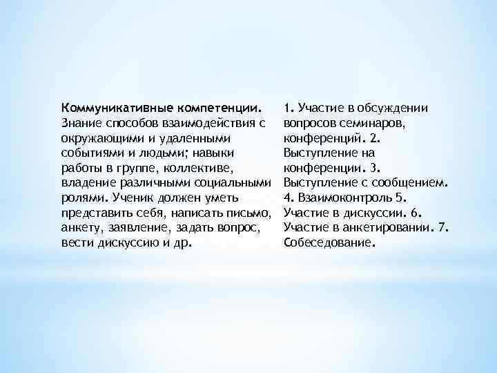 Коммуникативные компетенции. Знание способов взаимодействия с окружающими и удаленными событиями и людьми; навыки работы