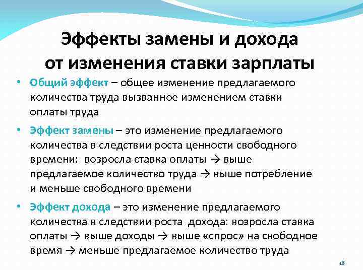 Эффекты замены и дохода от изменения ставки зарплаты • Общий эффект – общее изменение