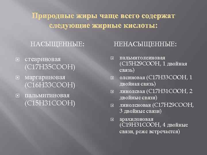 Природные жиры чаще всего содержат следующие жирные кислоты: НАСЫЩЕННЫЕ: стеариновая (C 17 H 35