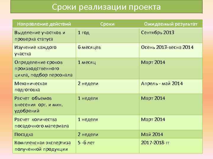 Сроки реализации проекта Направление действий Сроки Ожидаемый результат Выделение участков и проверка статуса 1
