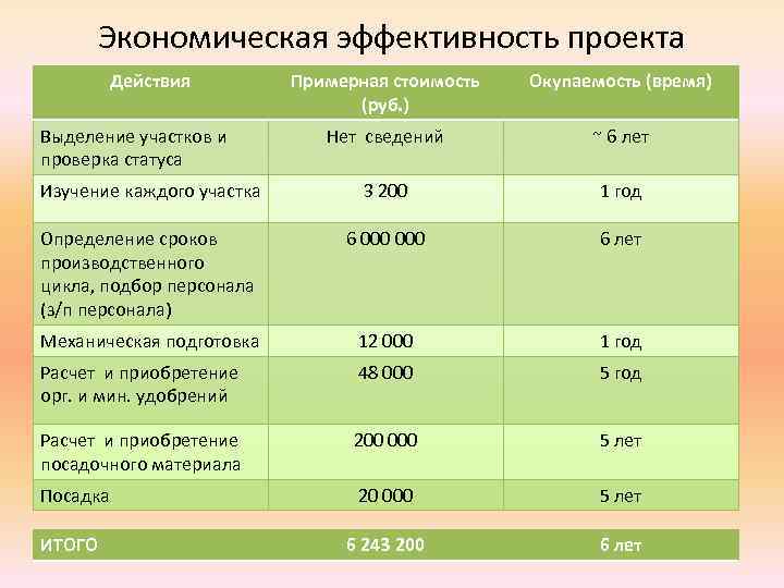 Экономическая эффективность проекта Действия Примерная стоимость (руб. ) Окупаемость (время) Нет сведений ~ 6