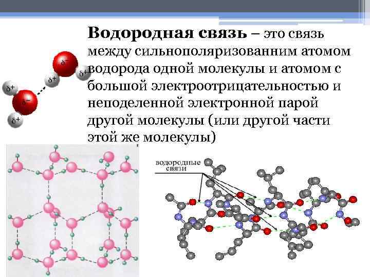 Водородная связь – это связь между сильнополяризованним атомом водорода одной молекулы и атомом с