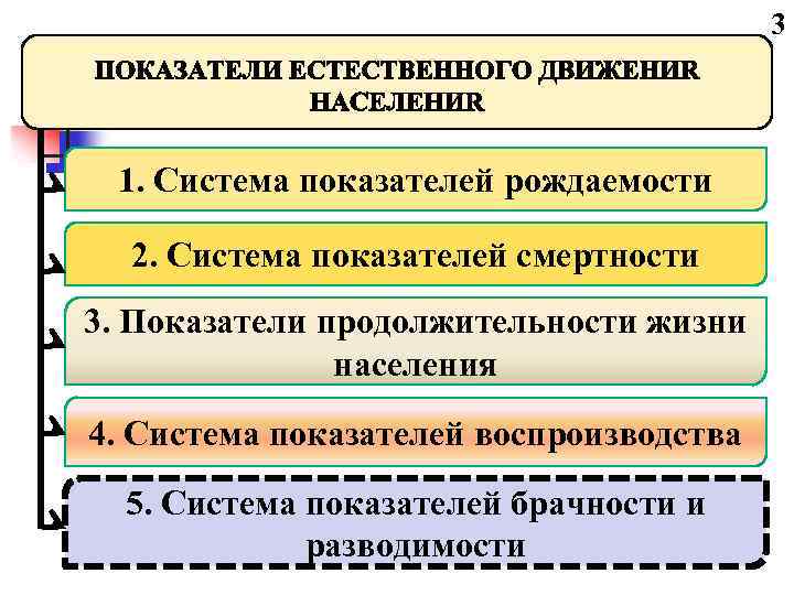 3 1. Система показателей рождаемости 2. Система показателей смертности 3. Показатели продолжительности жизни населения