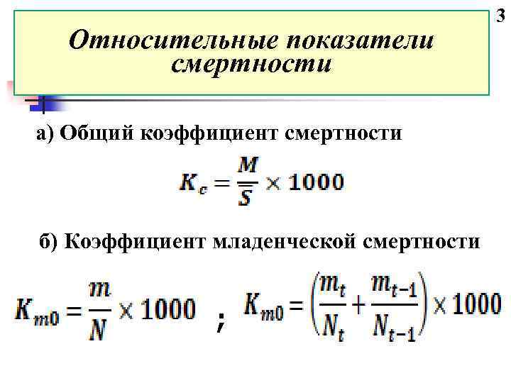 Относительные показатели смертности а) Общий коэффициент смертности б) Коэффициент младенческой смертности ; 3 