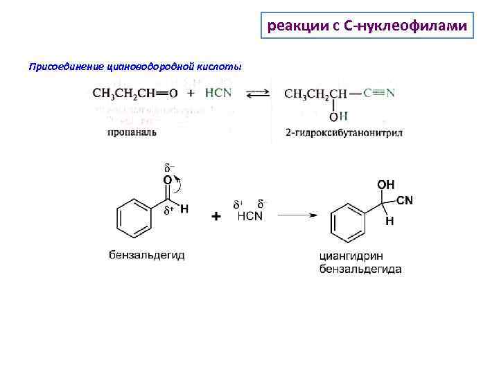 реакции с C-нуклеофилами Присоединение циановодородной кислоты 