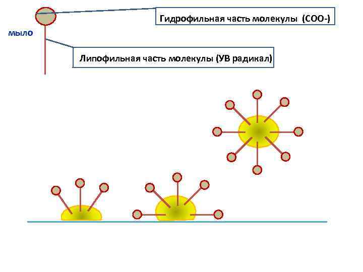 Гидрофильная часть молекулы (СОО-) мыло Липофильная часть молекулы (УВ радикал) 