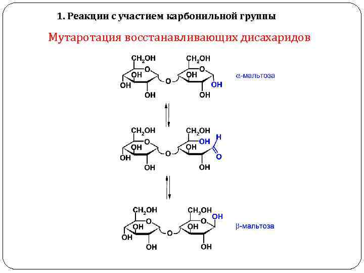 1. Реакции с участием карбонильной группы Мутаротация восстанавливающих дисахаридов 