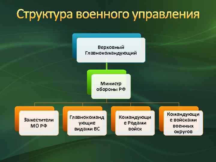 Структура военного управления Верховный Главнокомандующий Министр обороны РФ Заместители МО РФ Главнокоманд ующие видами
