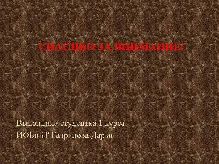 СПАСИБО ЗА ВНИМАНИЕ! Выполнила студентка 1 курса ИФБи. БТ Гаврилова Дарья 