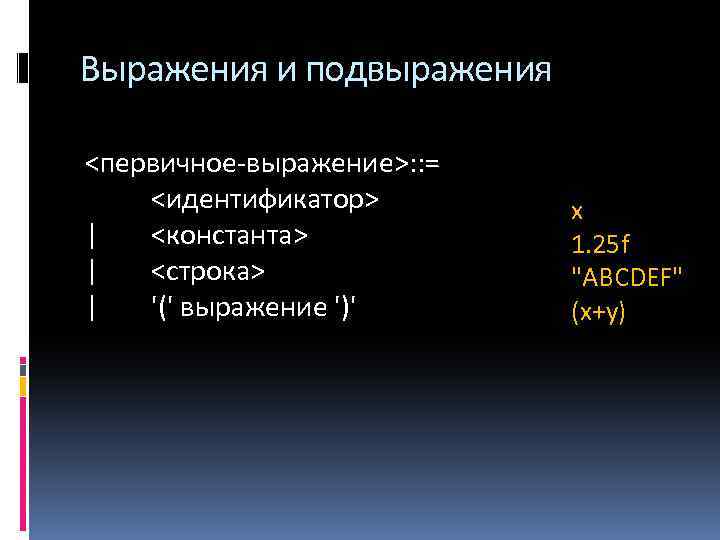 Выражения и подвыражения <первичное-выражение>: : = <идентификатор> | <константа> | <строка> | '(' выражение