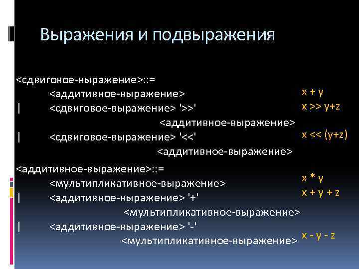 Выражения и подвыражения <сдвиговое-выражение>: : = x+y <аддитивное-выражение> x >> y+z | <сдвиговое-выражение> '>>'