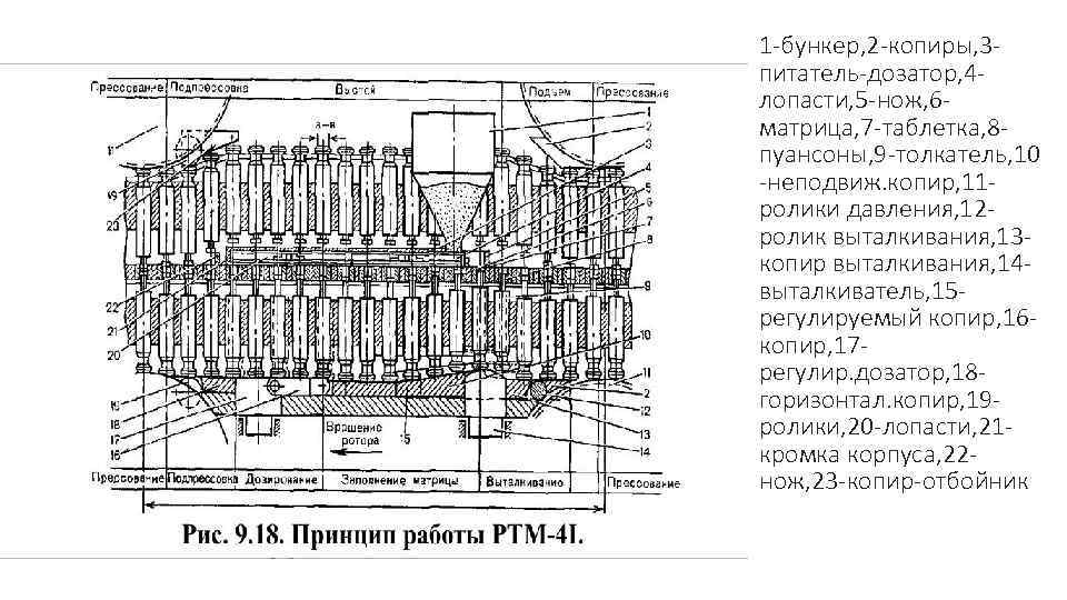 1 -бункер, 2 -копиры, 3 питатель-дозатор, 4 лопасти, 5 -нож, 6 матрица, 7 -таблетка,