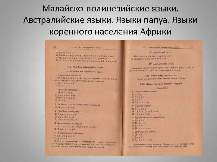 Малайско-полинезийские языки. Австралийские языки. Языки папуа. Языки коренного населения Африки 