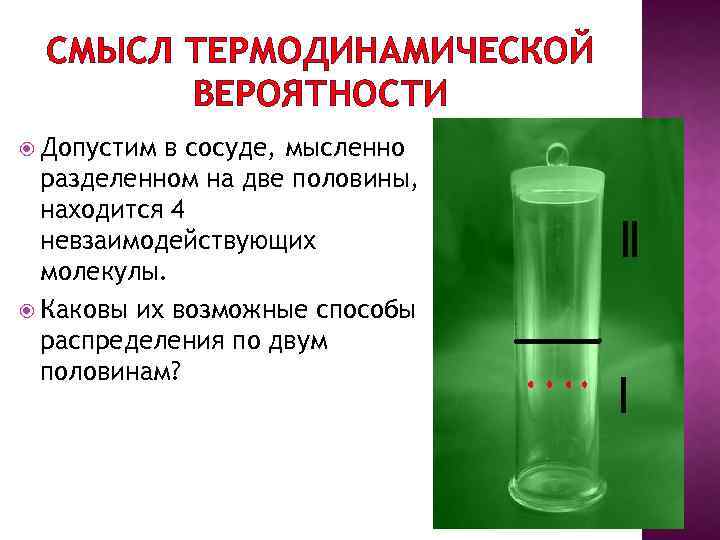 СМЫСЛ ТЕРМОДИНАМИЧЕСКОЙ ВЕРОЯТНОСТИ Допустим в сосуде, мысленно разделенном на две половины, находится 4 невзаимодействующих