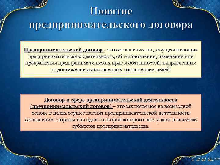 Понятие предпринимательского договора Предпринимательский договор - это соглашение лиц, осуществляющих Предпринимательский договор предпринимательскую деятельность,