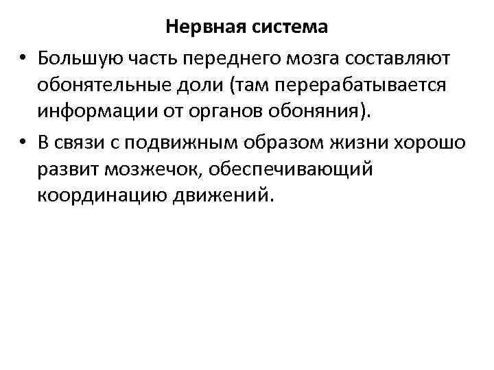 Нервная система • Большую часть переднего мозга составляют обонятельные доли (там перерабатывается информации от