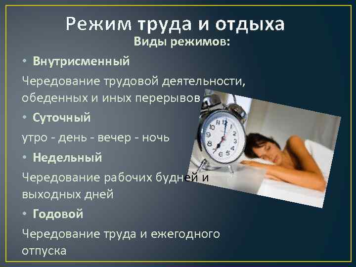 Режим труда и отдыха Виды режимов: • Внутрисменный Чередование трудовой деятельности, обеденных и иных