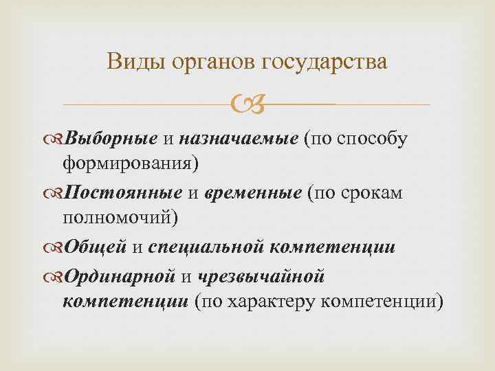 Виды органов государства Выборные и назначаемые (по способу формирования) Постоянные и временные (по срокам
