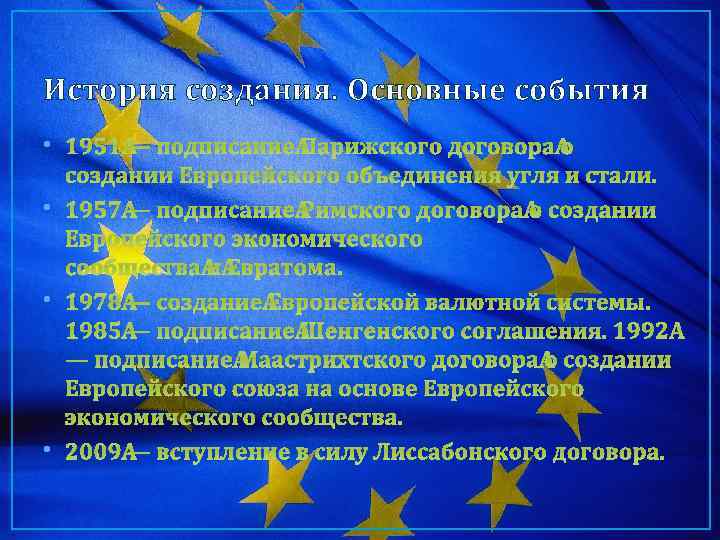 История создания. Основные события • 1951 — подписание Парижского договора о создании Европейского объединения